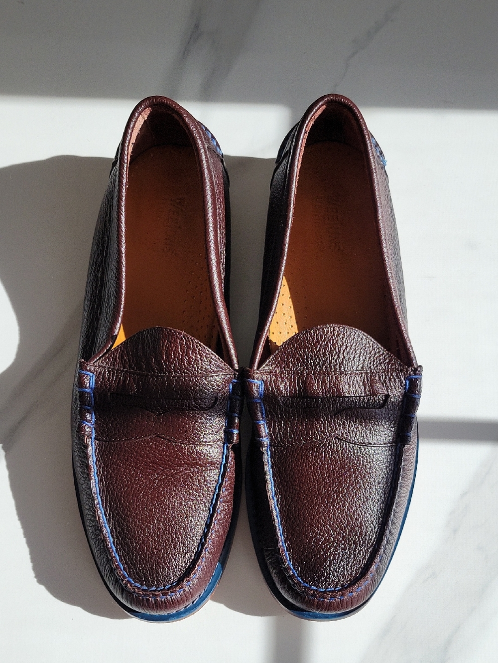 G.H. Bass & Co. Dark Brown Leather Penny Loafers with Blue Stitching